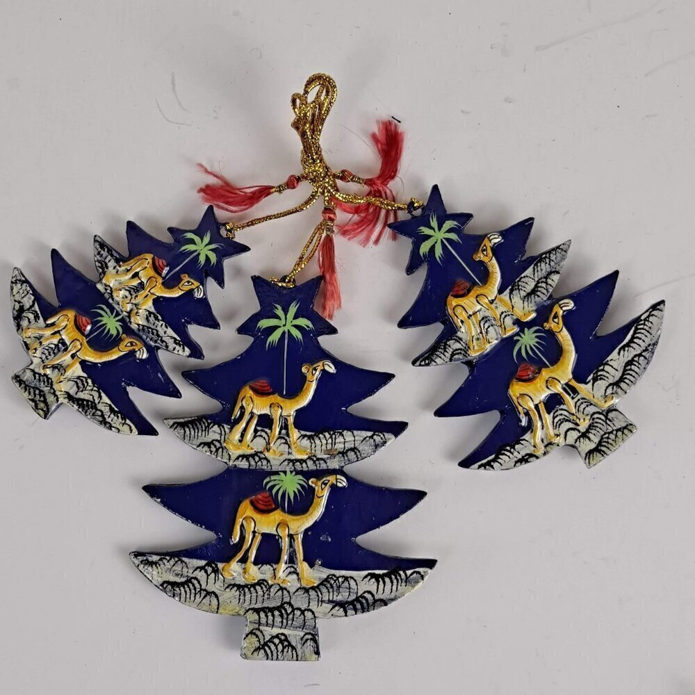 Handmade Set of 3 Graduated Christmas Tree Ornaments Blue Camels Palm Trees NWOT